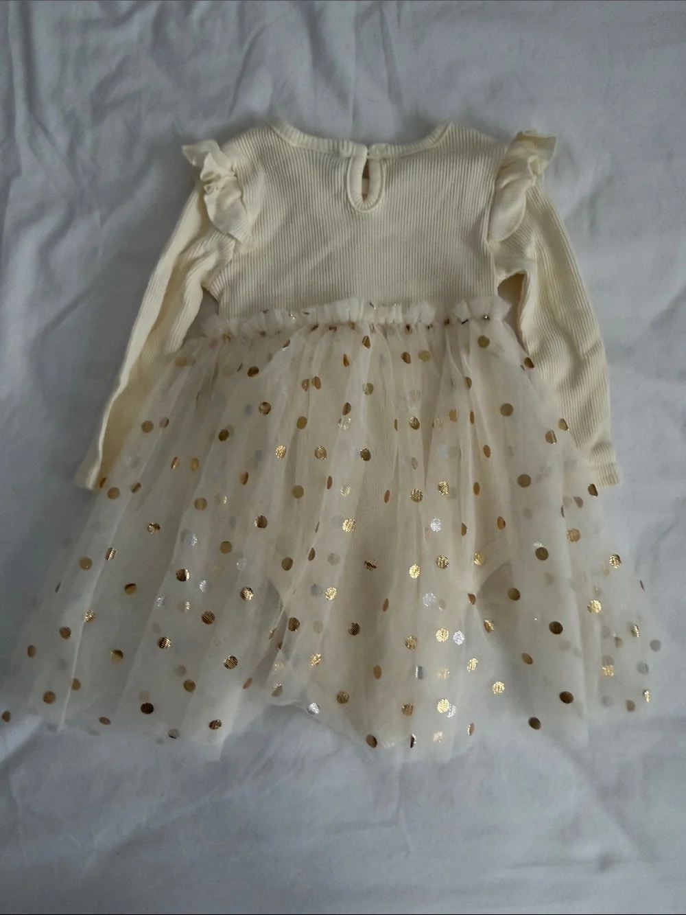 Baby girl Cream Long-Sleeve Tutu Dress with Gold Polka Dots size 12-18months